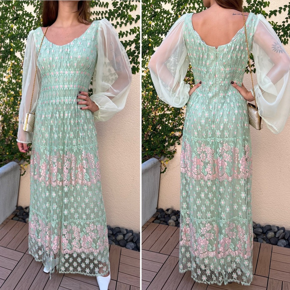 Romantic 1970's mint green and pink lace floral sheer sleeve maxi dress